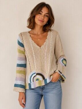 Felicity Embroidered Wool Knit Sweater Tan Artsy Boho Floral Deep V Size Medium